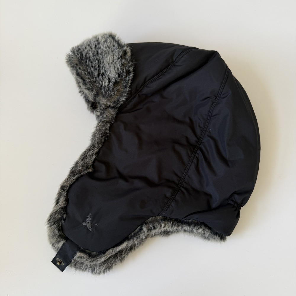Eddie Bauer Down Fill Trapper Hat Ear Flaps Faux Fur Size S/M Black Warm Winter